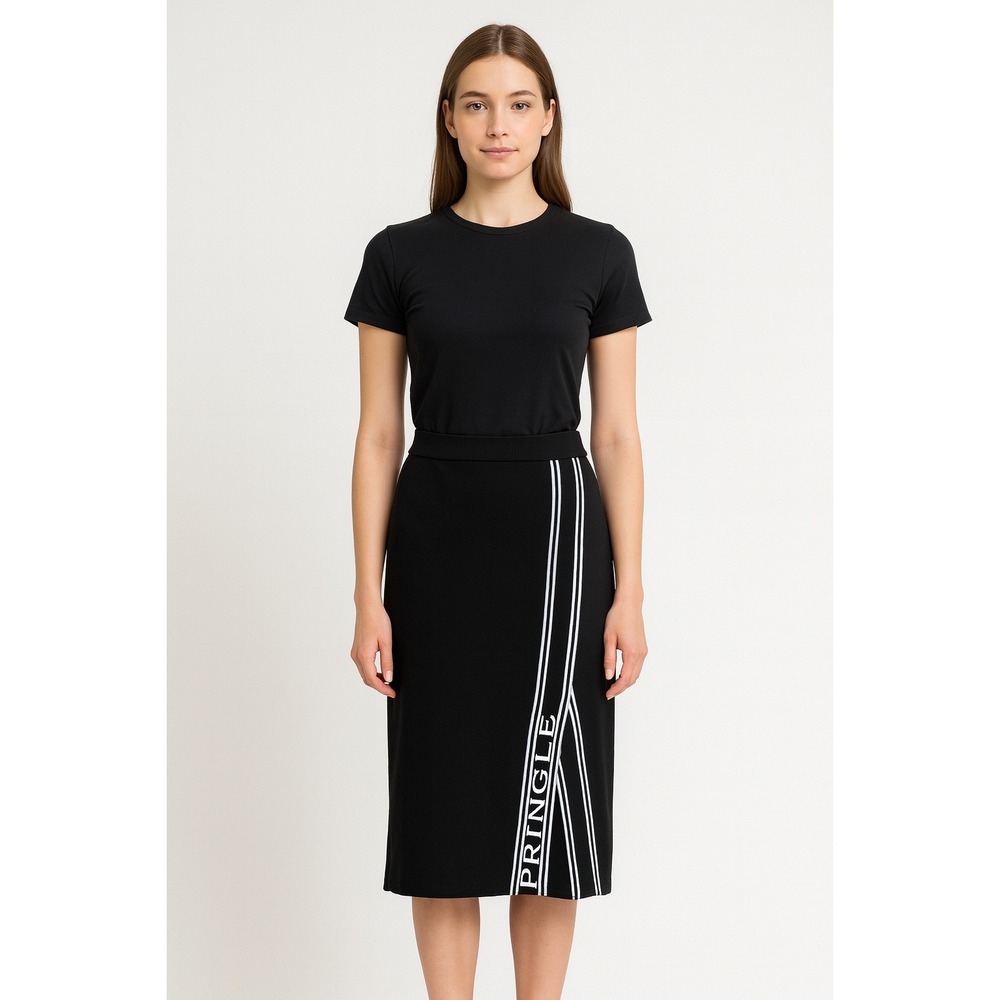 Pringle Black Ribbed Knit Midi Skirt M Logo Side Stripe‎ Y2K Streetwear